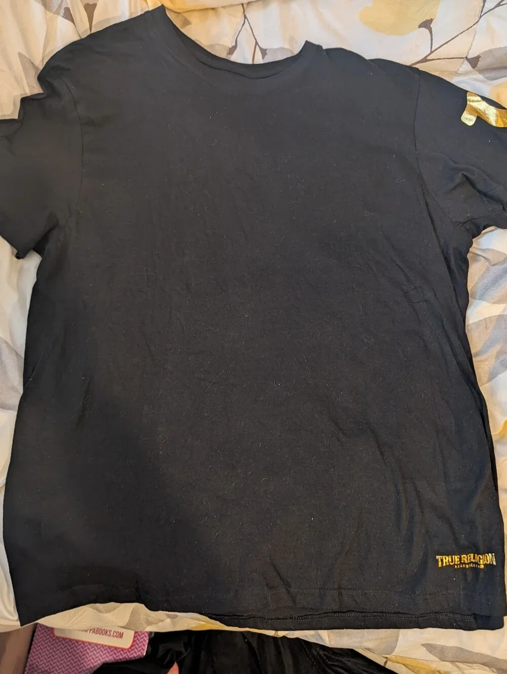 True Religion Black Tee with Gold Logo and Sleeve Accent